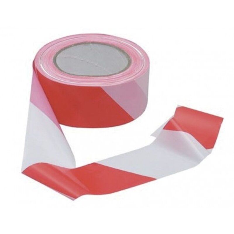Afzetlint rood/wit - 500 mtr. 7,5 cm. (35 micron)