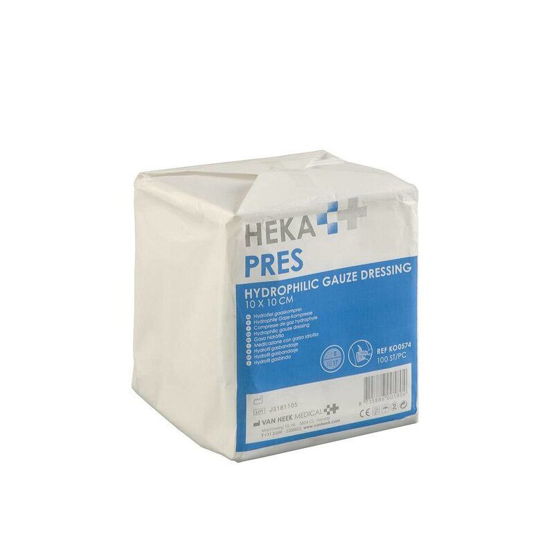 HEKA pres hydrofiel gaaskompres - 10 x 10 cm niet steriel 8 lagen (100 Stuks)