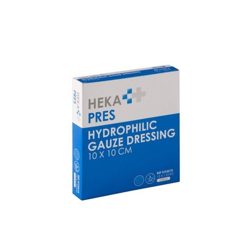 HEKA pres hydrofiel gaaskompres - 10 x 10 cm -steriel -8 lagen - Doosje 12 stuks