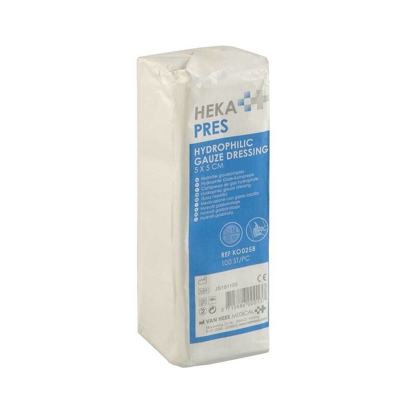 HEKA pres hydrofiel gaaskompres - 5 x 5 cm niet steriel 12 lagen (100 Stuks)